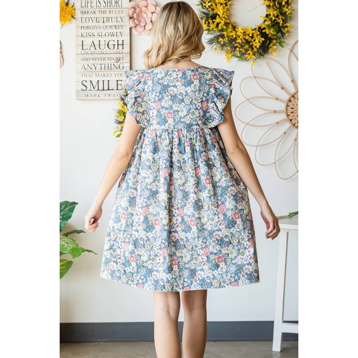 Garden Flower Print Ruffle Sleeve Mini Dress