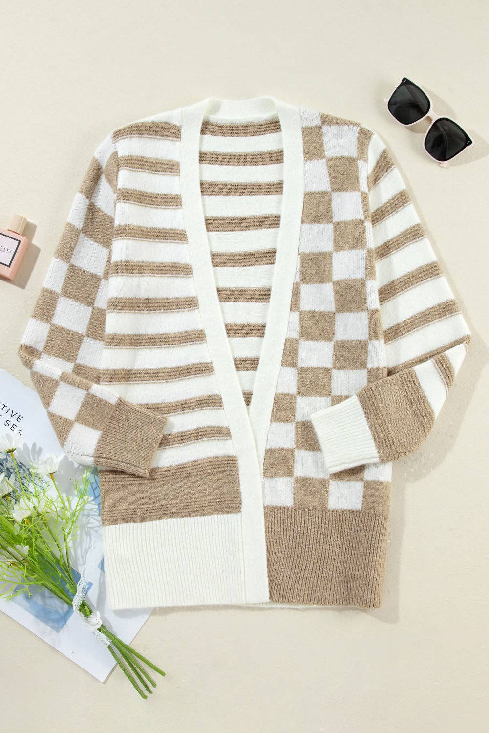 Checker Stripe Open Front Cardigan