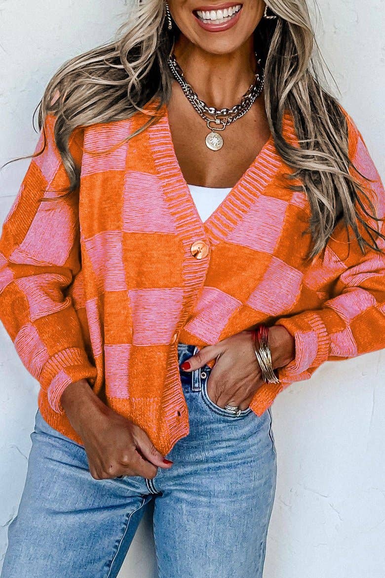 Checker Drop Shoulder V-Neck Cardigan