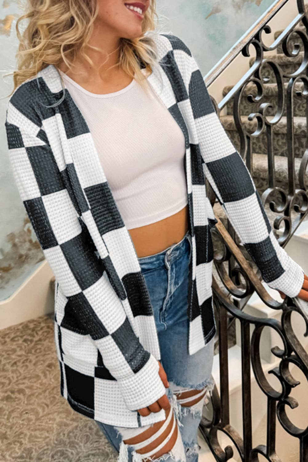 Checker Waffle Knit Open Front Cardigan