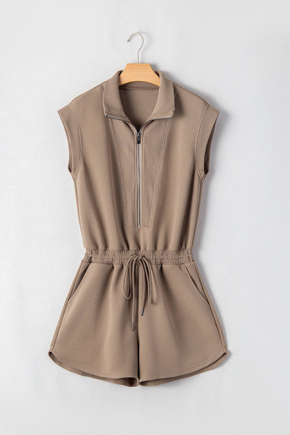 Textured Half-Zip Drawstring Waist Romper