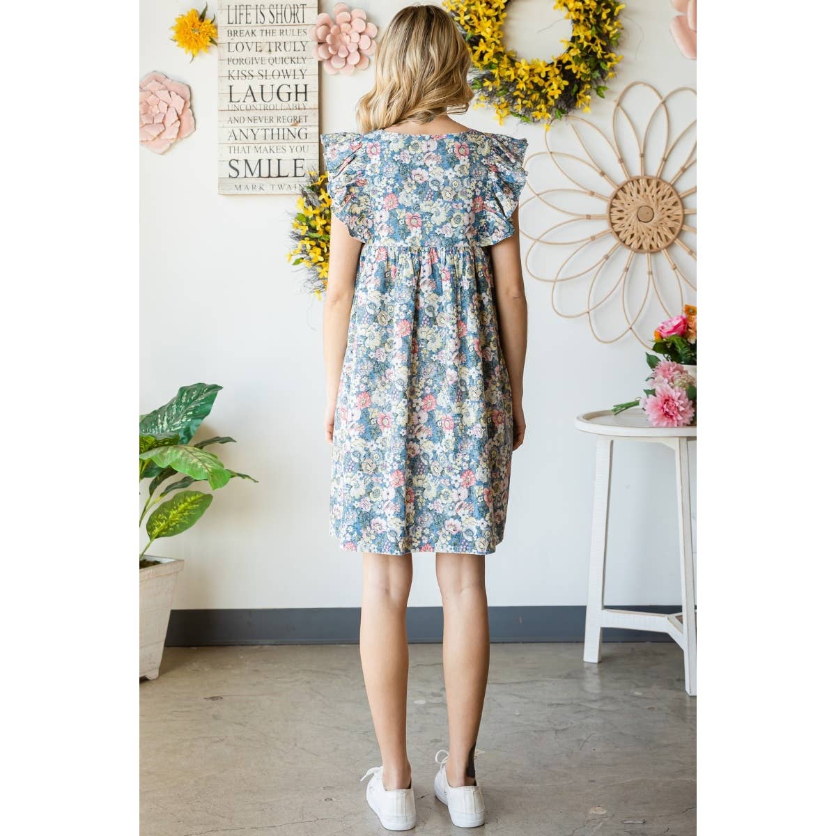 Garden Flower Print Ruffle Sleeve Mini Dress