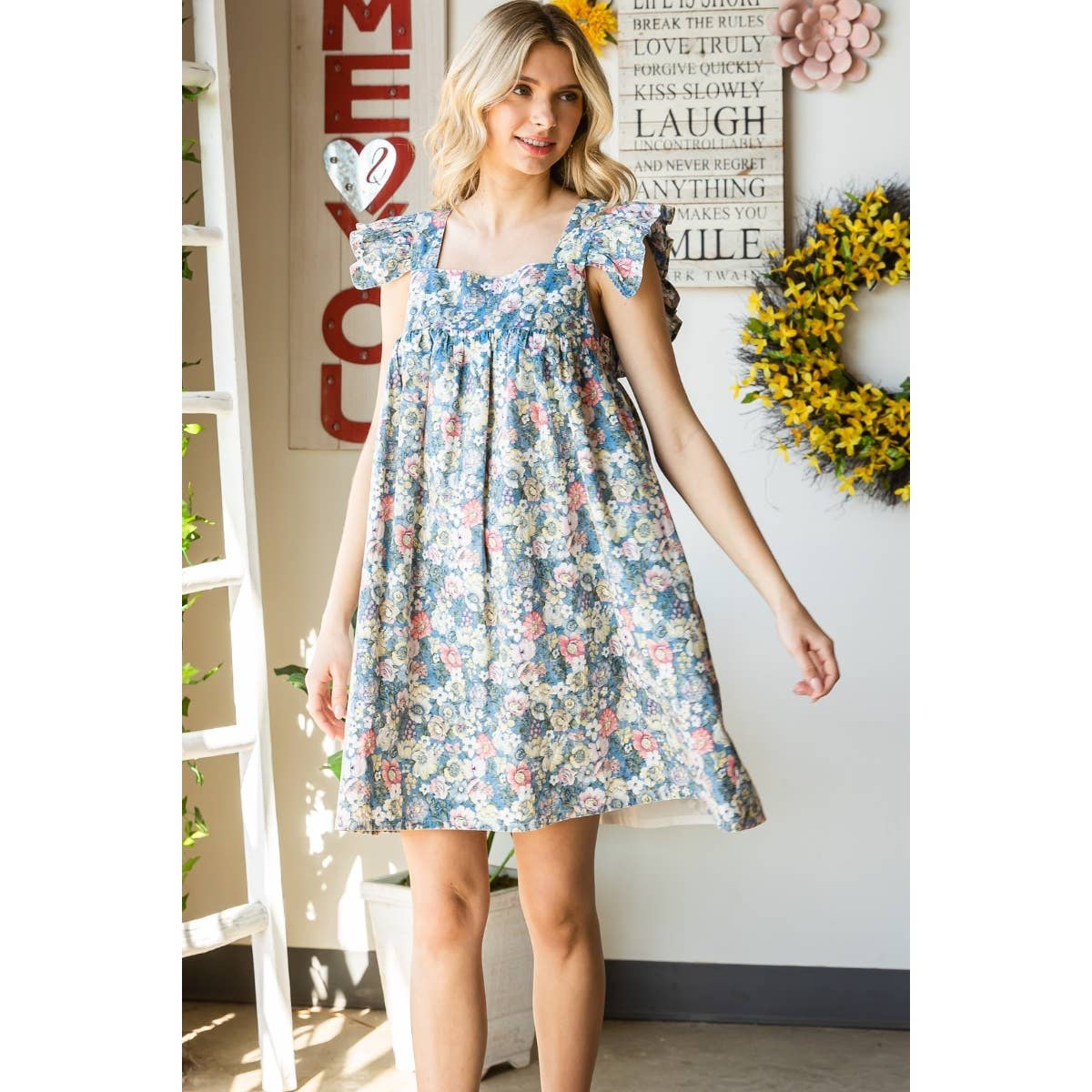 Garden Flower Print Ruffle Sleeve Mini Dress