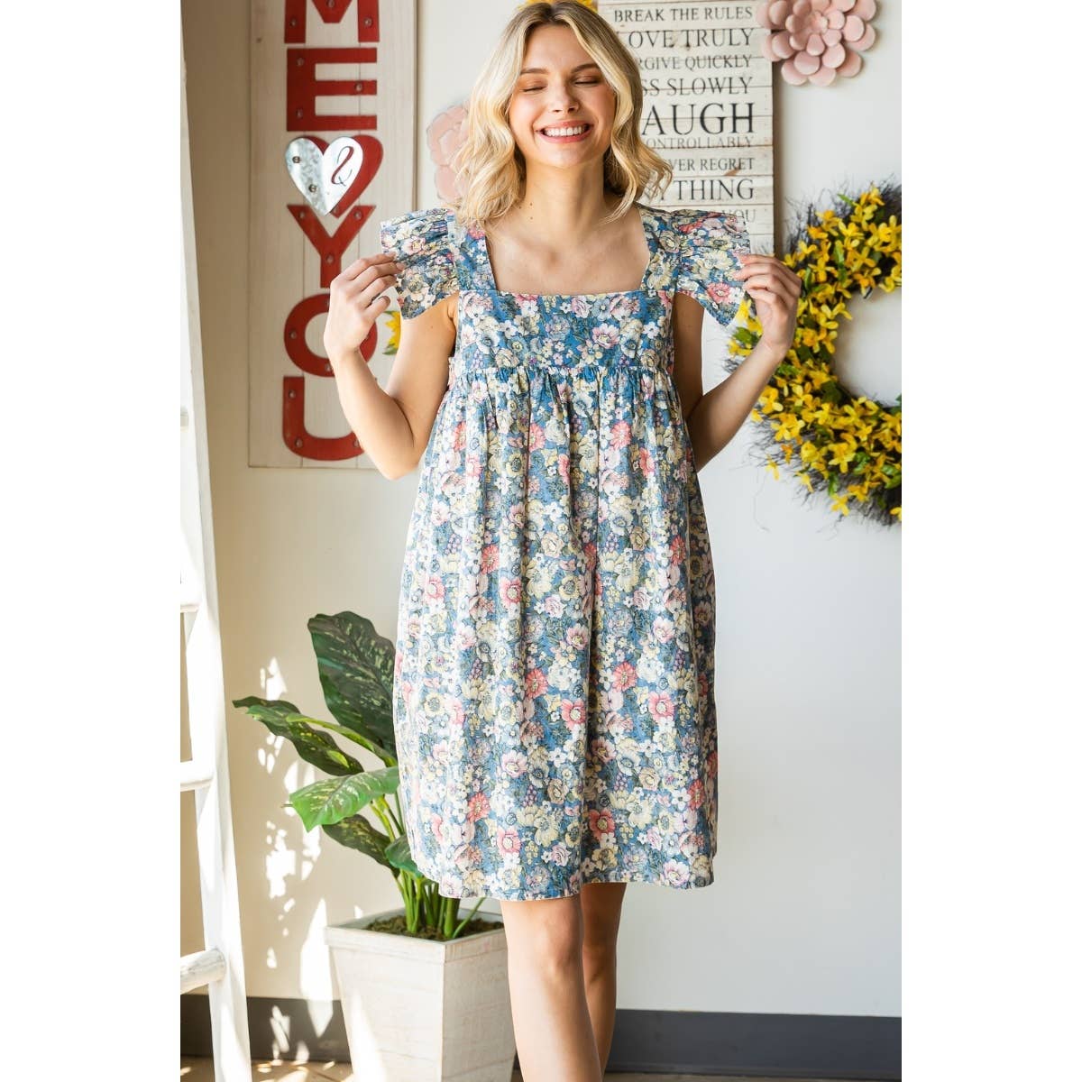 Garden Flower Print Ruffle Sleeve Mini Dress