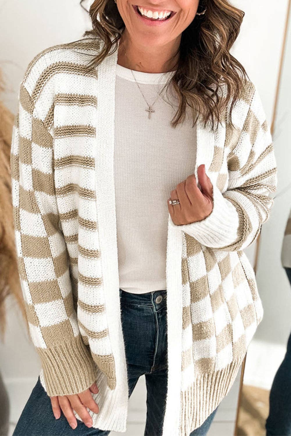 Checker Stripe Open Front Cardigan