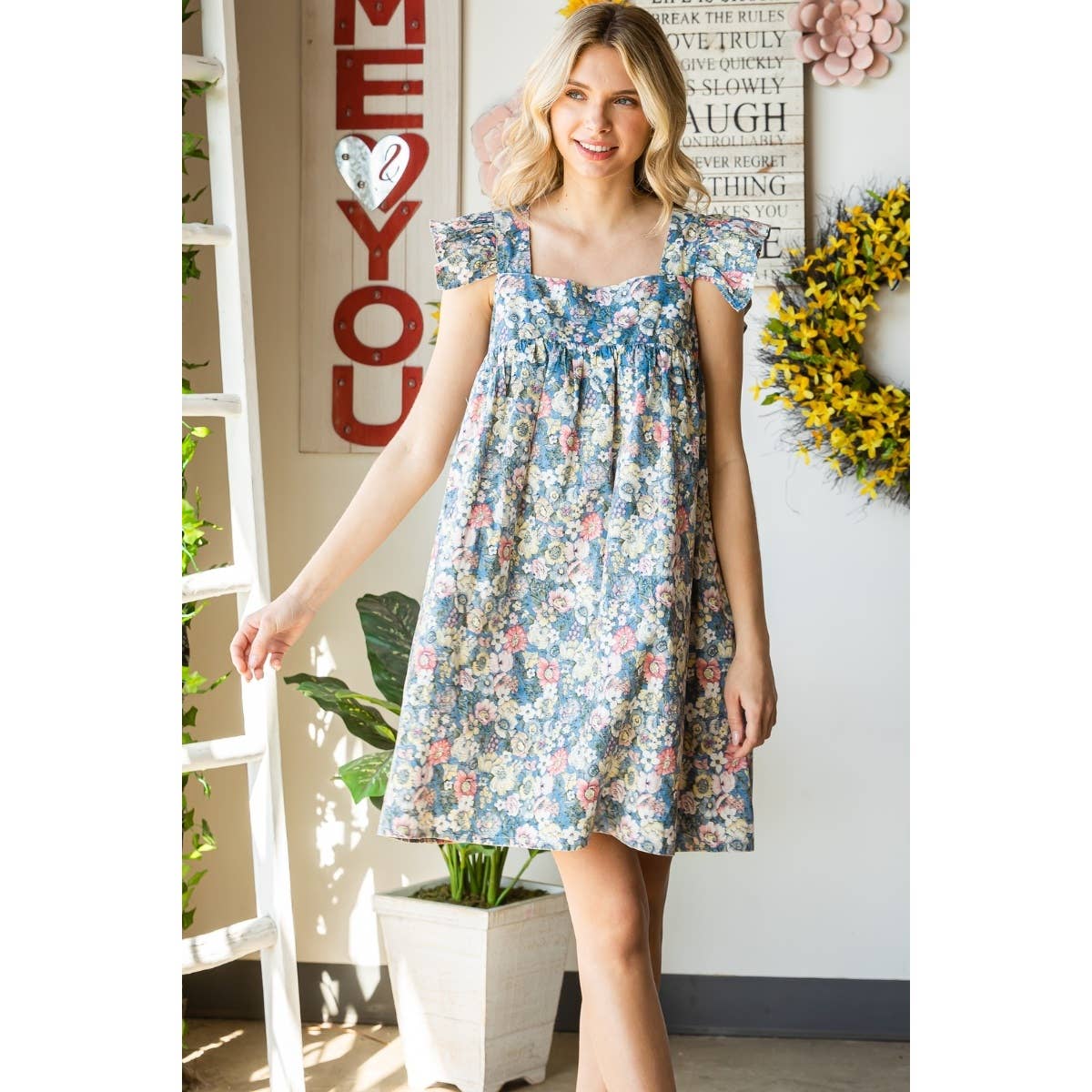 Garden Flower Print Ruffle Sleeve Mini Dress