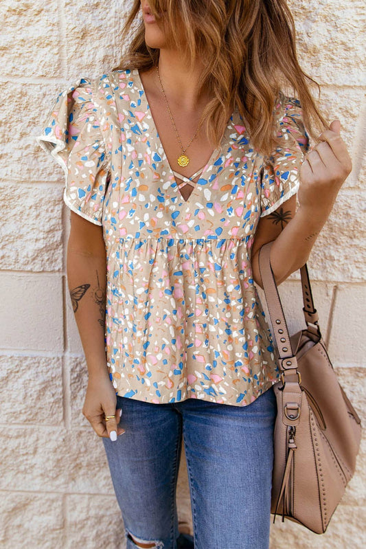 Dotted Ruffle Sleeve V-Neck Blouse