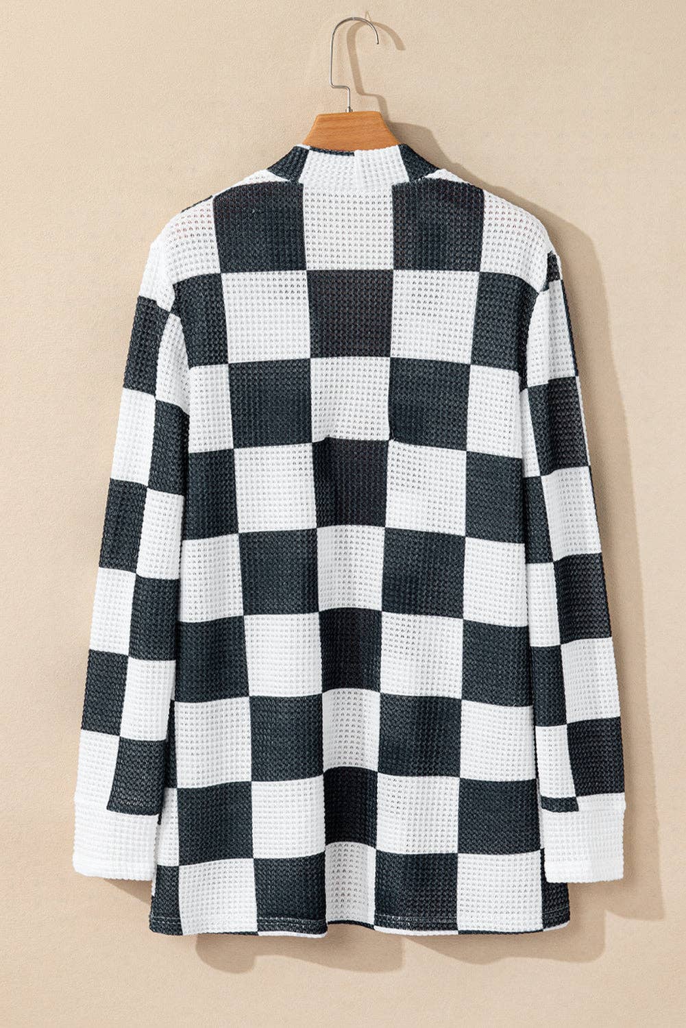 Checker Waffle Knit Open Front Cardigan