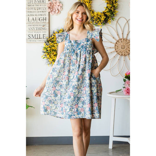 Garden Flower Print Ruffle Sleeve Mini Dress
