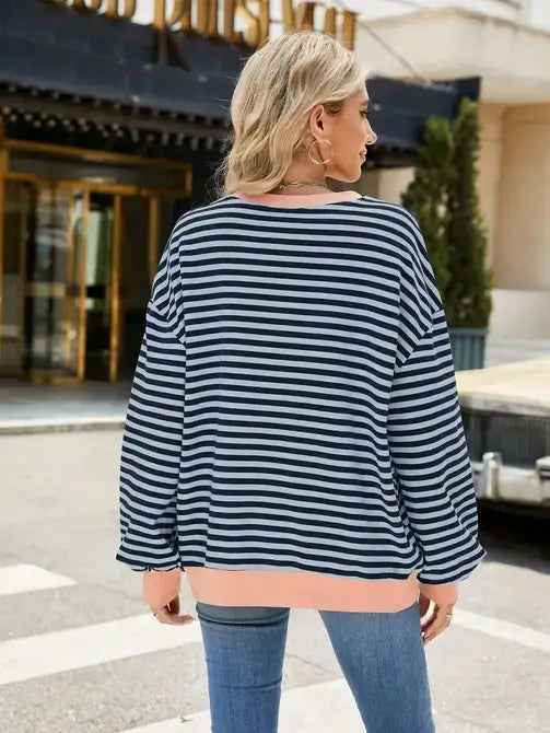 Blue & Pink-Striped Colorblock Sweater