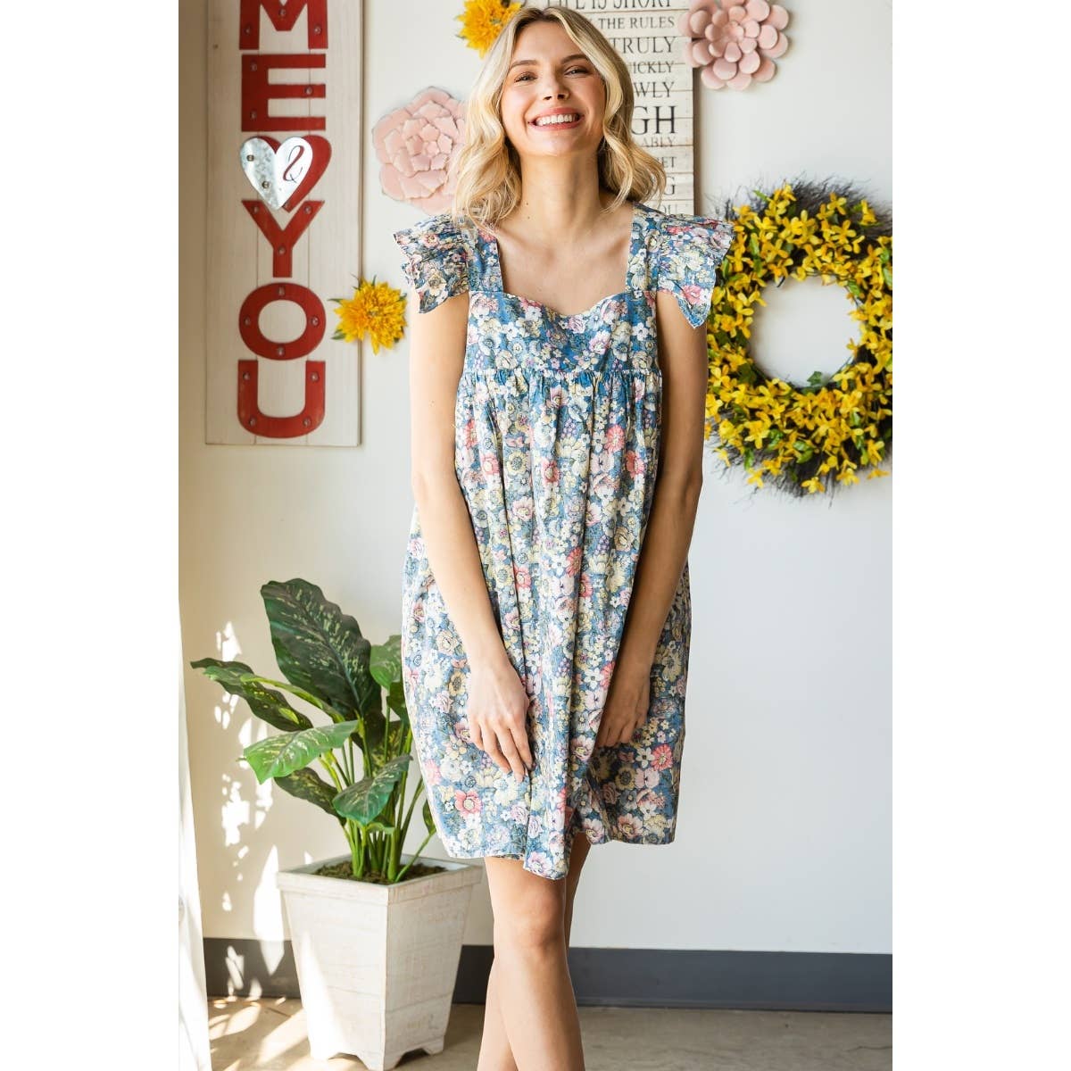 Garden Flower Print Ruffle Sleeve Mini Dress