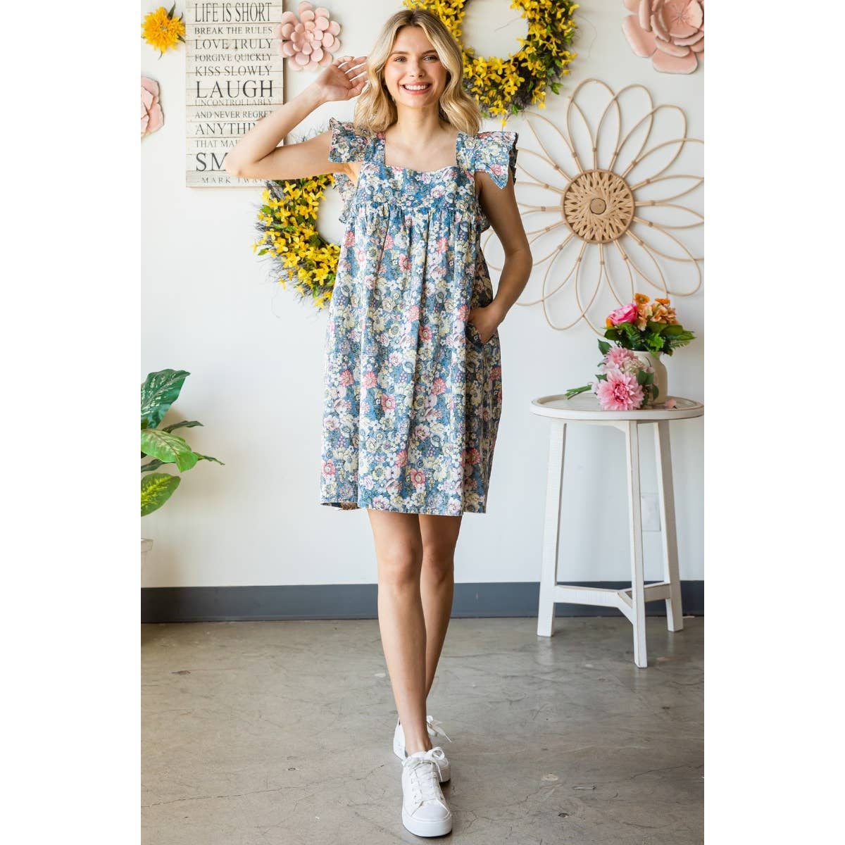 Garden Flower Print Ruffle Sleeve Mini Dress